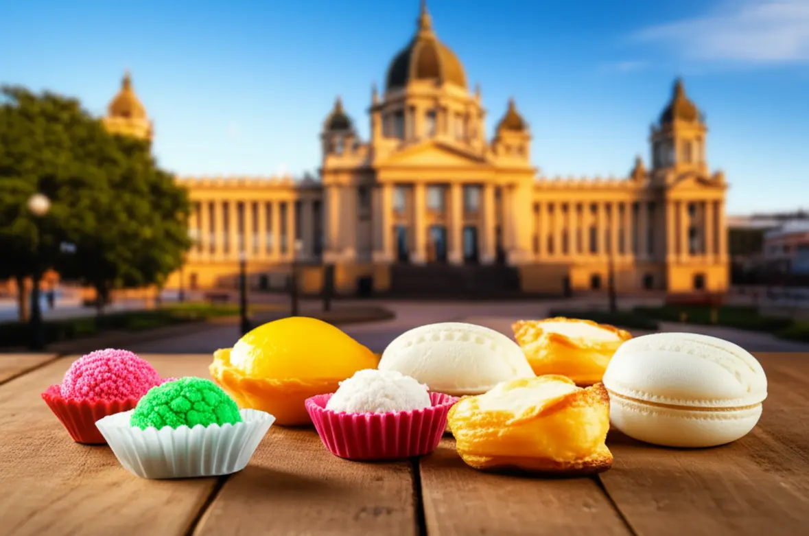 Doces de Pelotas com arquitetura histórica no fundo.