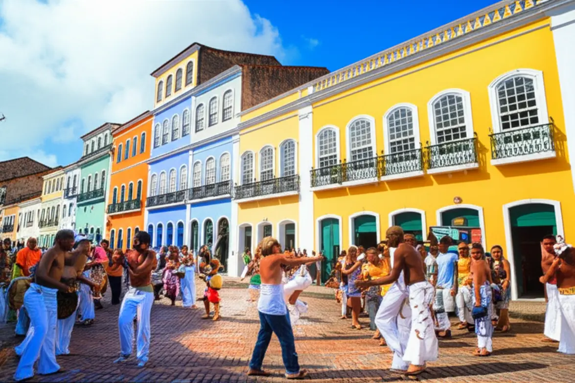 Casarões coloridos do Pelourinho, Salvador, Brasil, com pessoas dançando na rua.