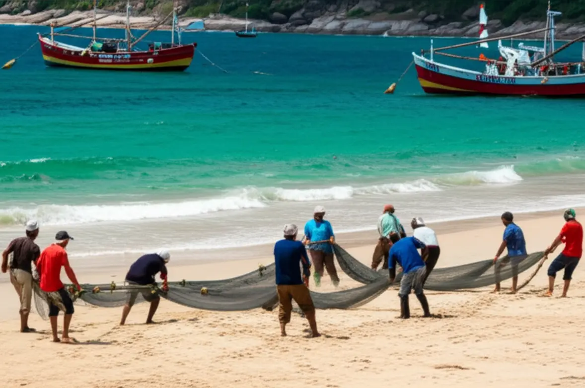 Pesca artesanal da tainha com redes de arrasto na praia de Bombinhas.