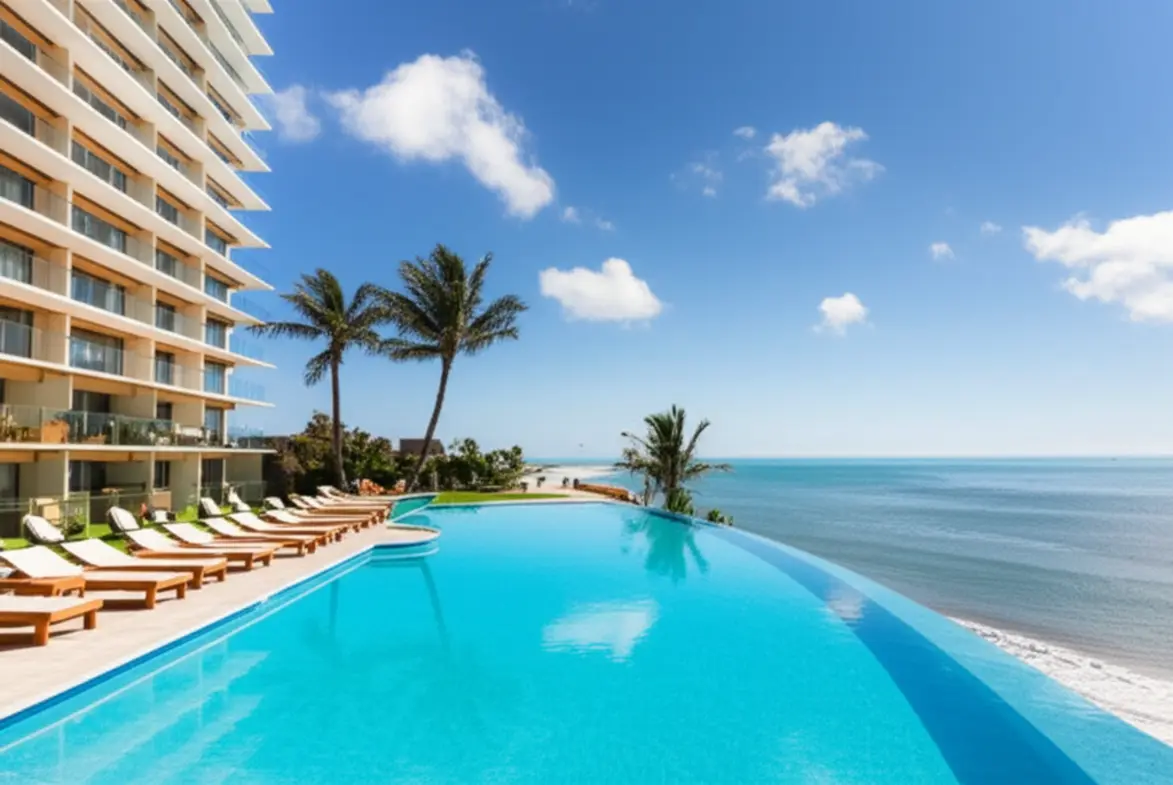 Fachada de um resort de luxo com palmeiras e piscina de frente para o mar no Guarujá.