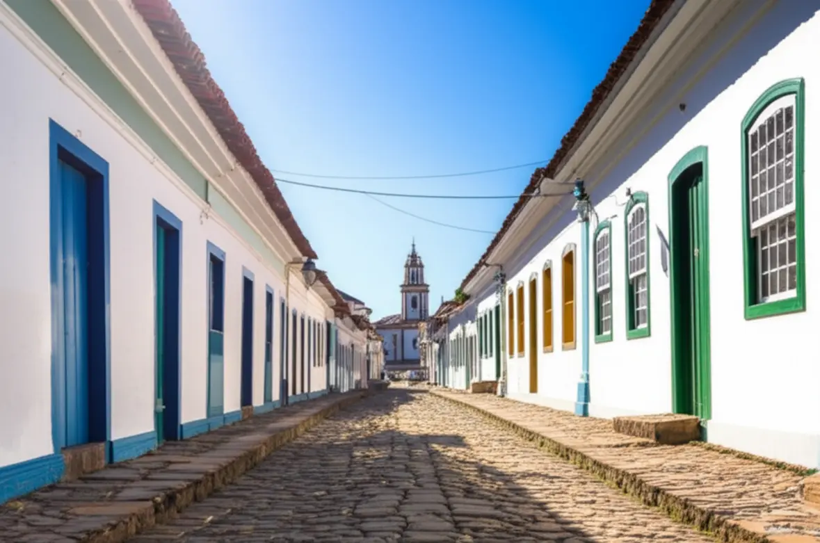 Vista panorâmica de uma rua tranquila no centro histórico de Diamantina.
