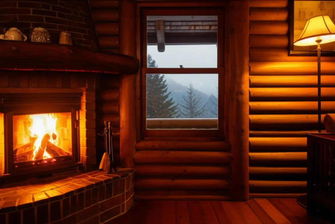 Interior de um chalé rústico com lareira em Nova Friburgo.