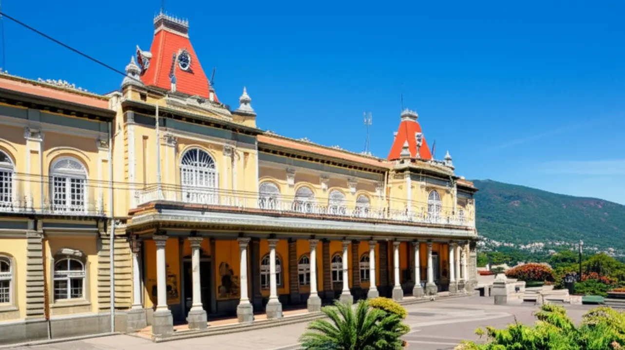 Vista clássica de Poços de Caldas com arquitetura histórica e montanhas ao fundo.
