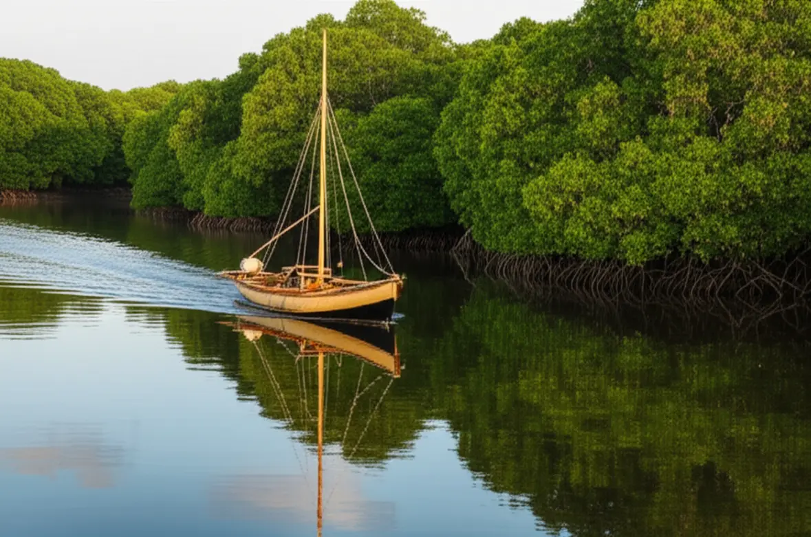 Jangada tradicional no mangue do Pontal de Maracaípe ao pôr do sol.