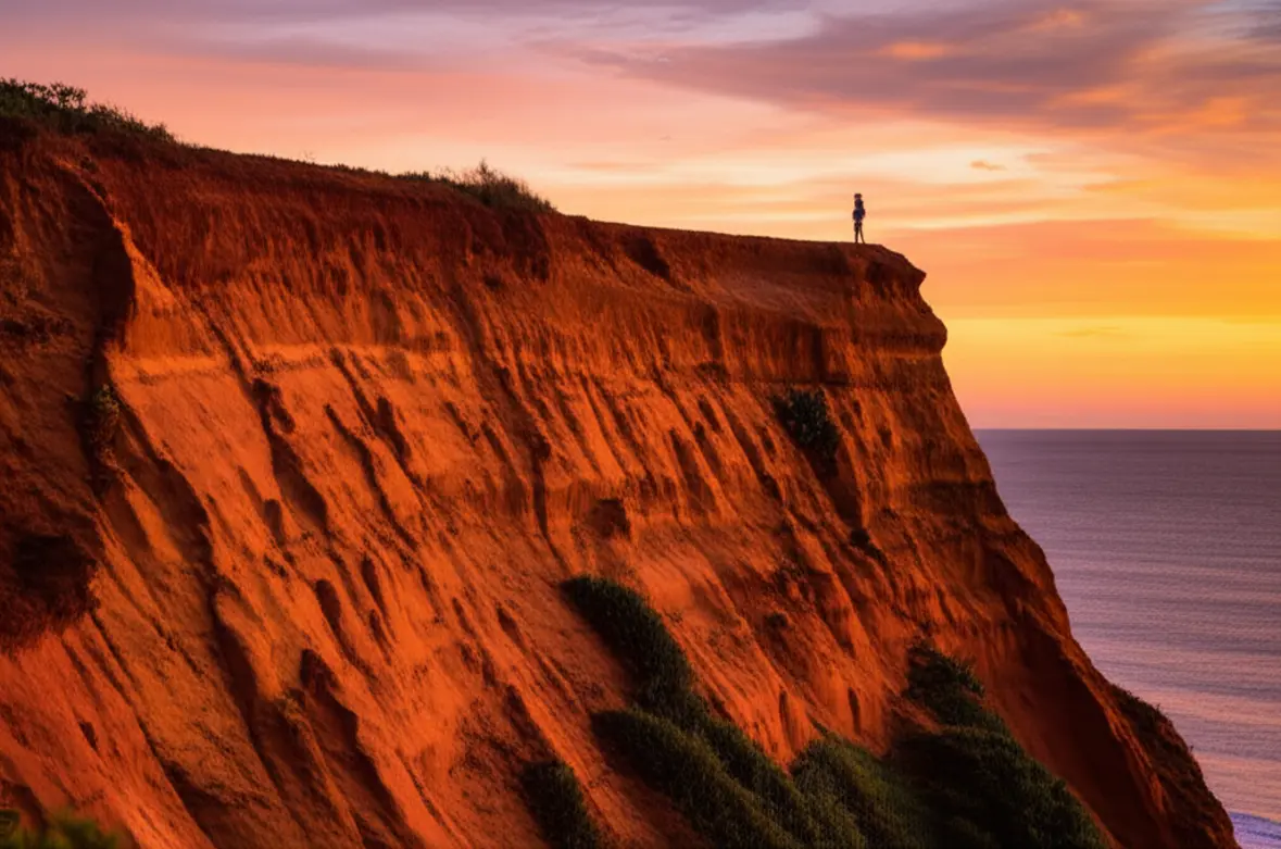 Pôr do sol icônico no Chapadão de Pipa, com falésia avermelhada e vista panorâmica.