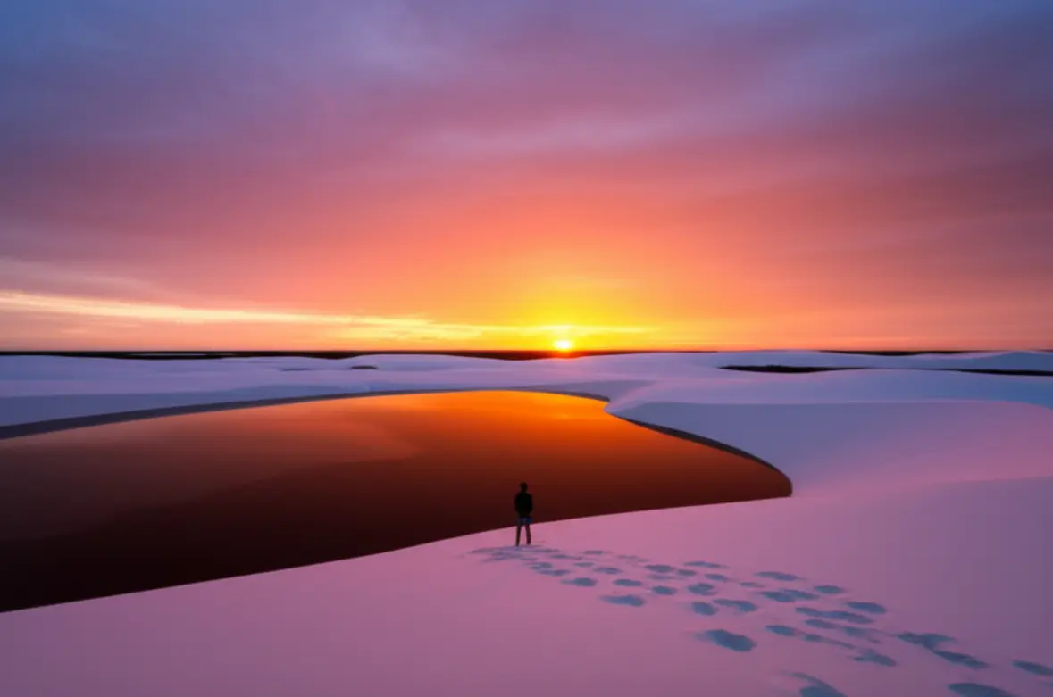 Pôr do sol espetacular sobre as dunas e lagoas dos Lençóis Maranhenses.