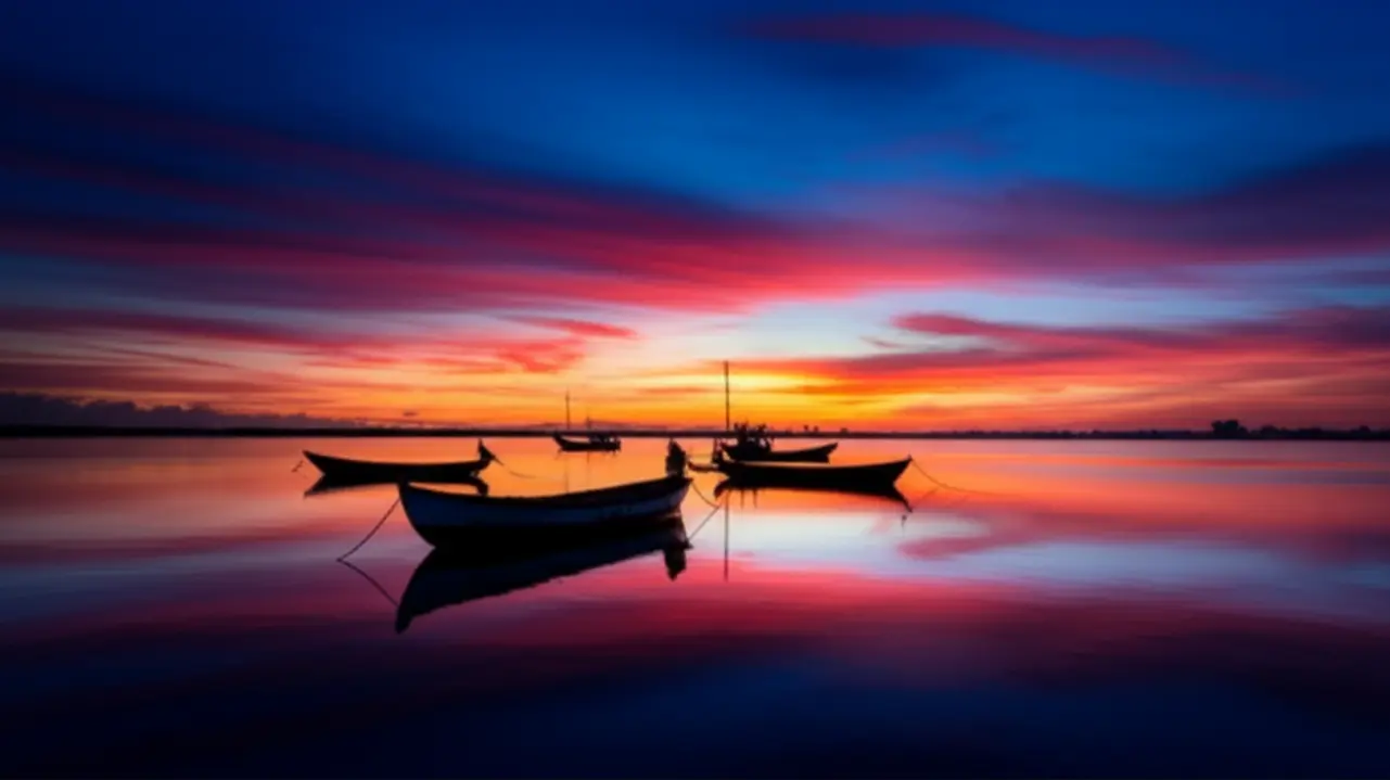 Silhuetas de barcos na Lagoa Mundaú ao pôr do sol.