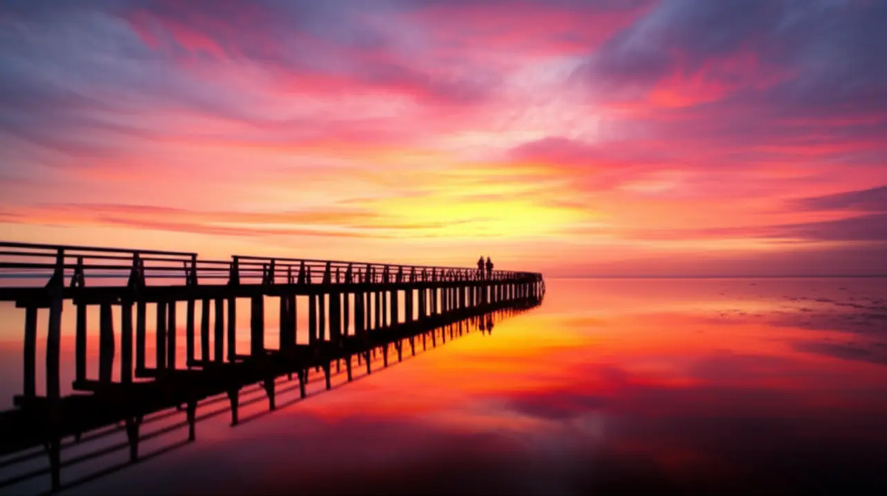 Pôr do sol vibrante no trapiche da Praia do Laranjal.