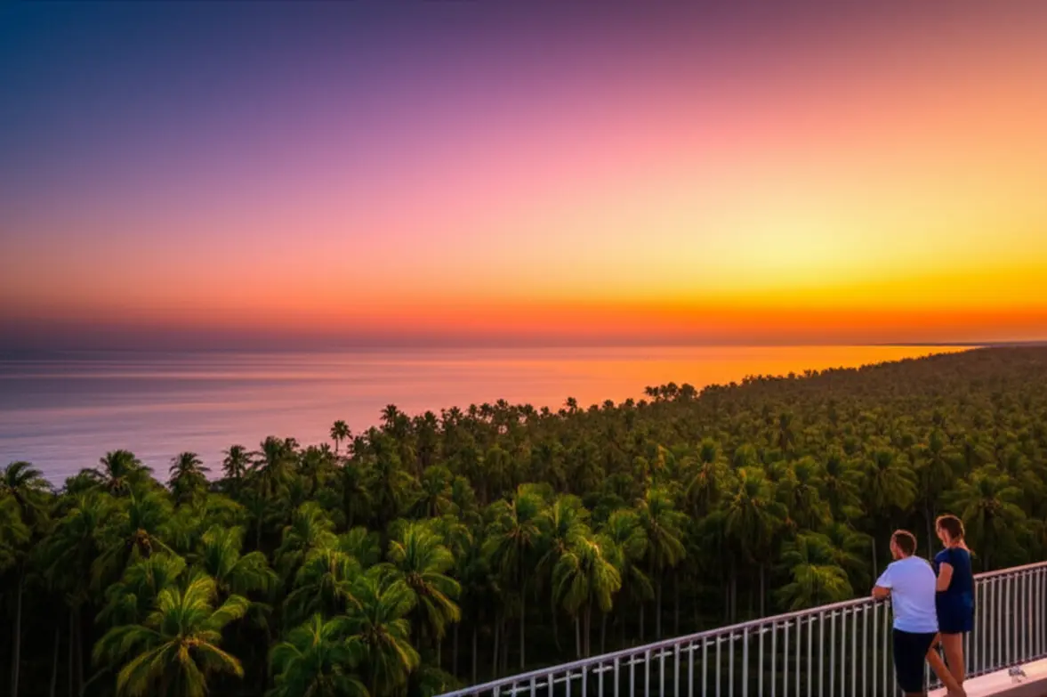 Vista panorâmica do pôr do sol sobre os coqueiros e o mar a partir do Mirante de Japaratinga.