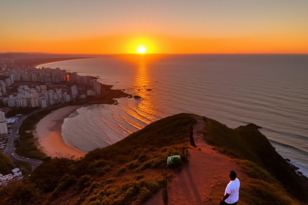 Pôr do sol no Morro do Farol em Torres com vista para a cidade.