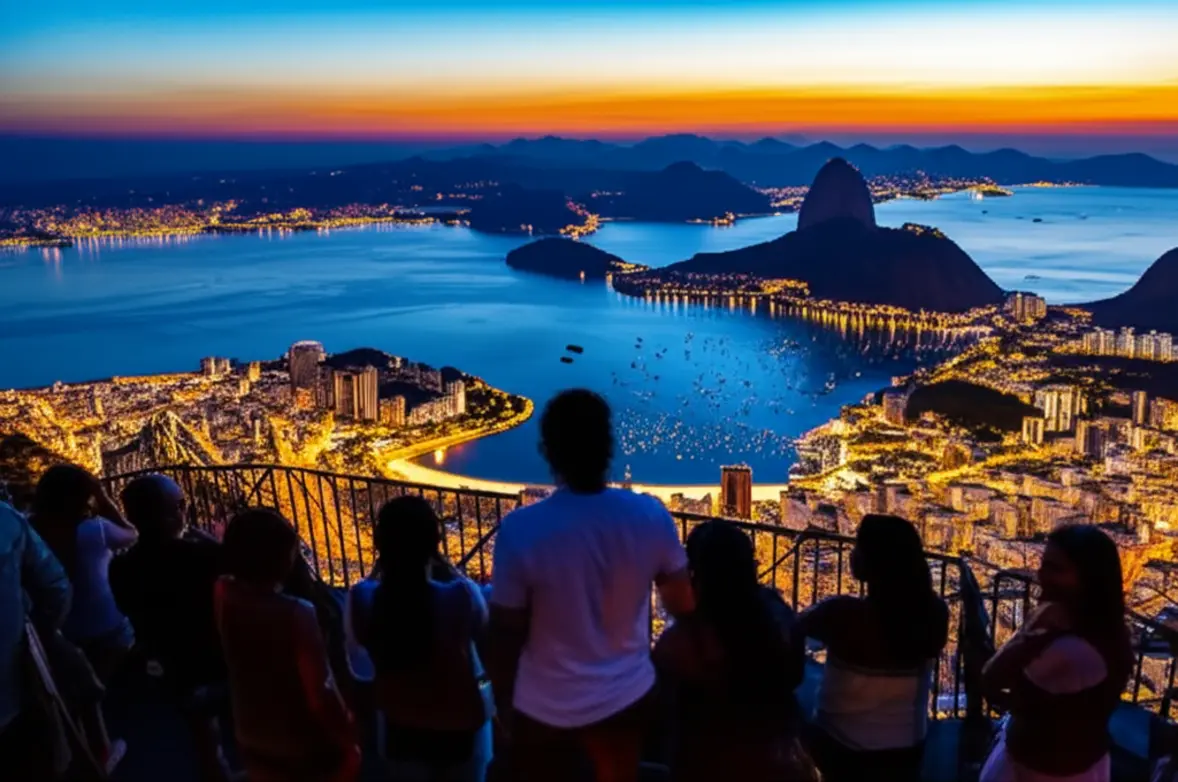 Vista do Pão de Açúcar ao entardecer com a Baía de Guanabara e a cidade do Rio de Janeiro.