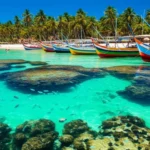 Piscinas naturais de Porto de Galinhas com jangadas e águas cristalinas.