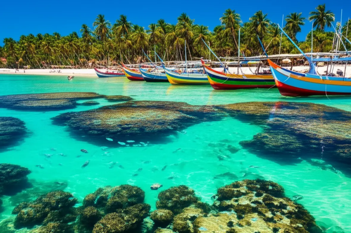 Piscinas naturais de Porto de Galinhas com jangadas e águas cristalinas.