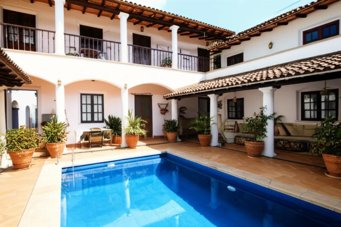 Pátio interno e piscina de uma pousada rústica e charmosa em Pirenópolis.