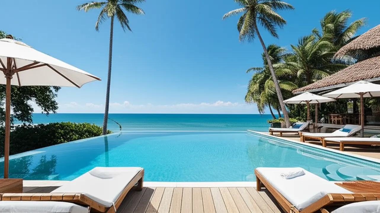 Piscina de borda infinita com vista para a praia de São Miguel dos Milagres.