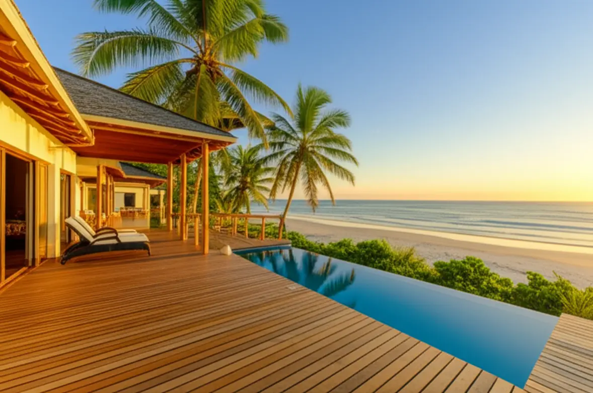 Bangalô de luxo em pousada na praia de Maragogi ao nascer do sol.