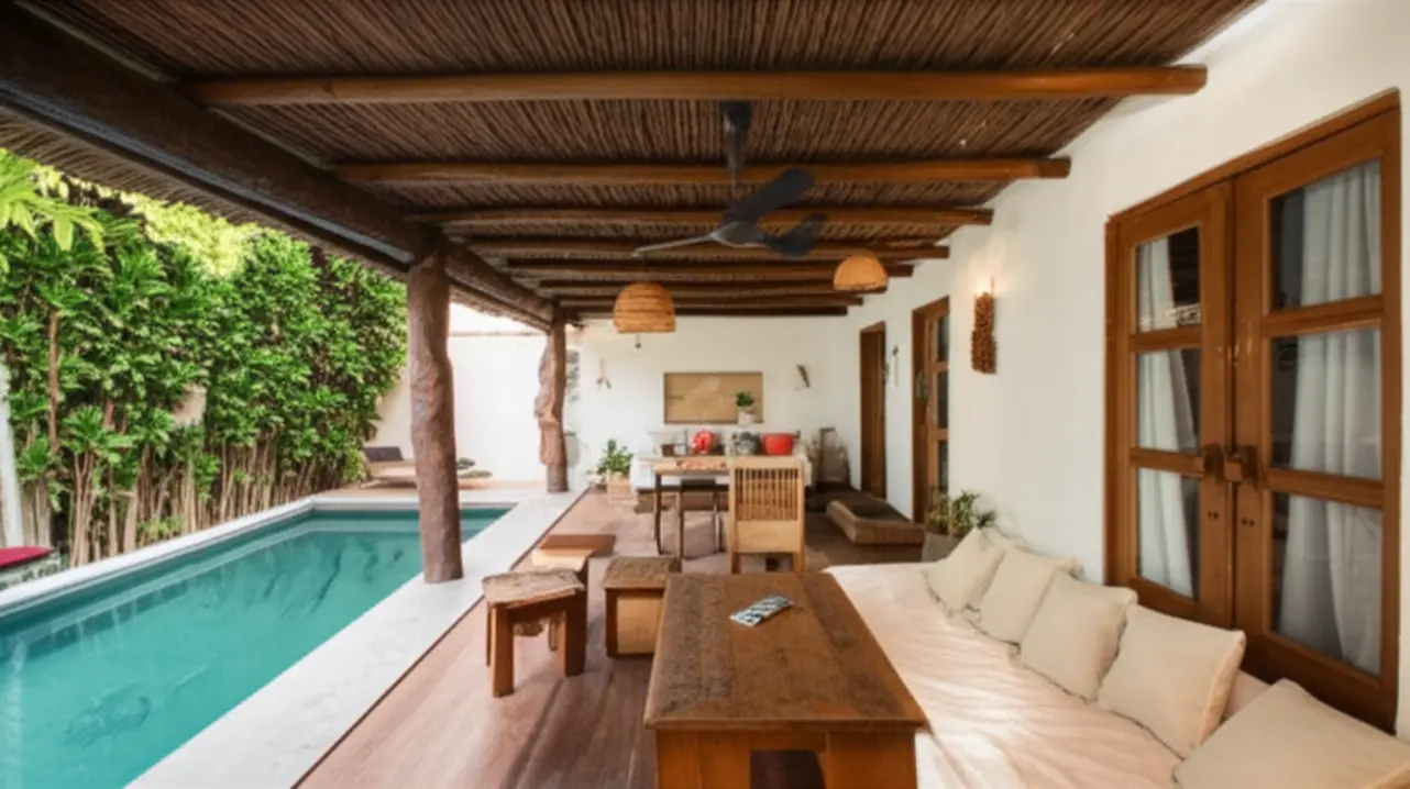 Piscina e área de descanso de uma pousada elegante no Nordeste do Brasil.