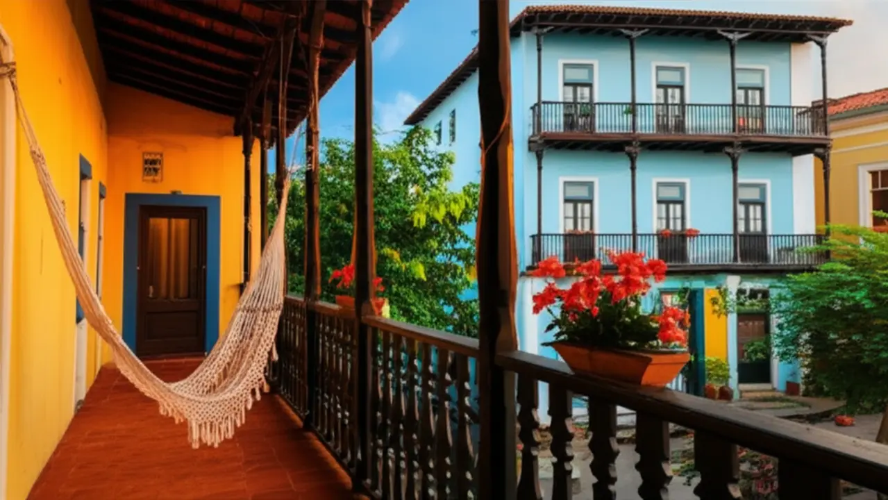 Varanda de pousada colonial com paredes coloridas em Olinda.