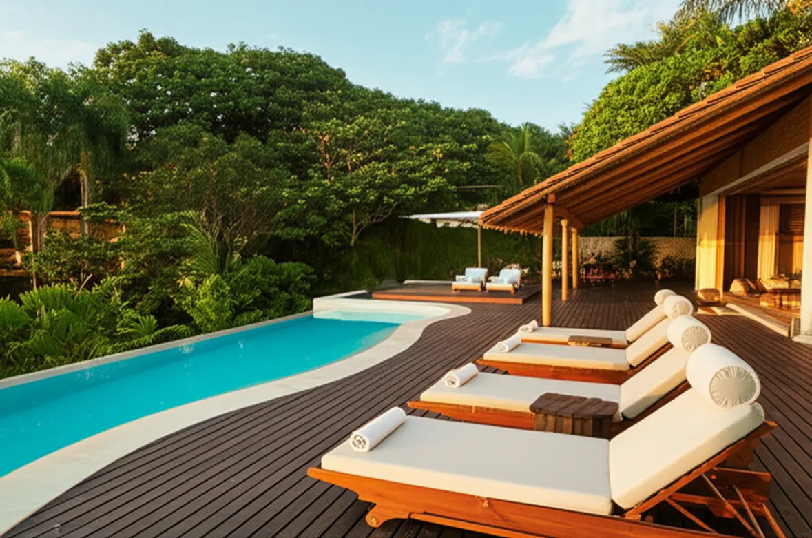 Piscina de luxo em pousada boutique com arquitetura rústica em Trancoso.