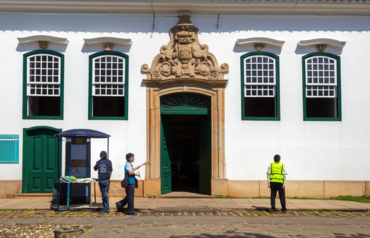 Foto realista da Praça Tiradentes em Ouro Preto com foco em guias turísticos.