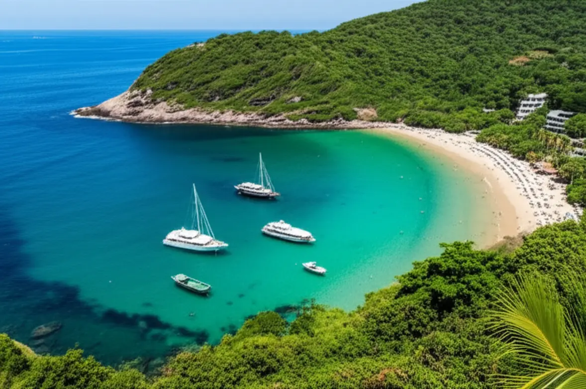 Vista aérea de praia de baía com água turquesa em Búzios.