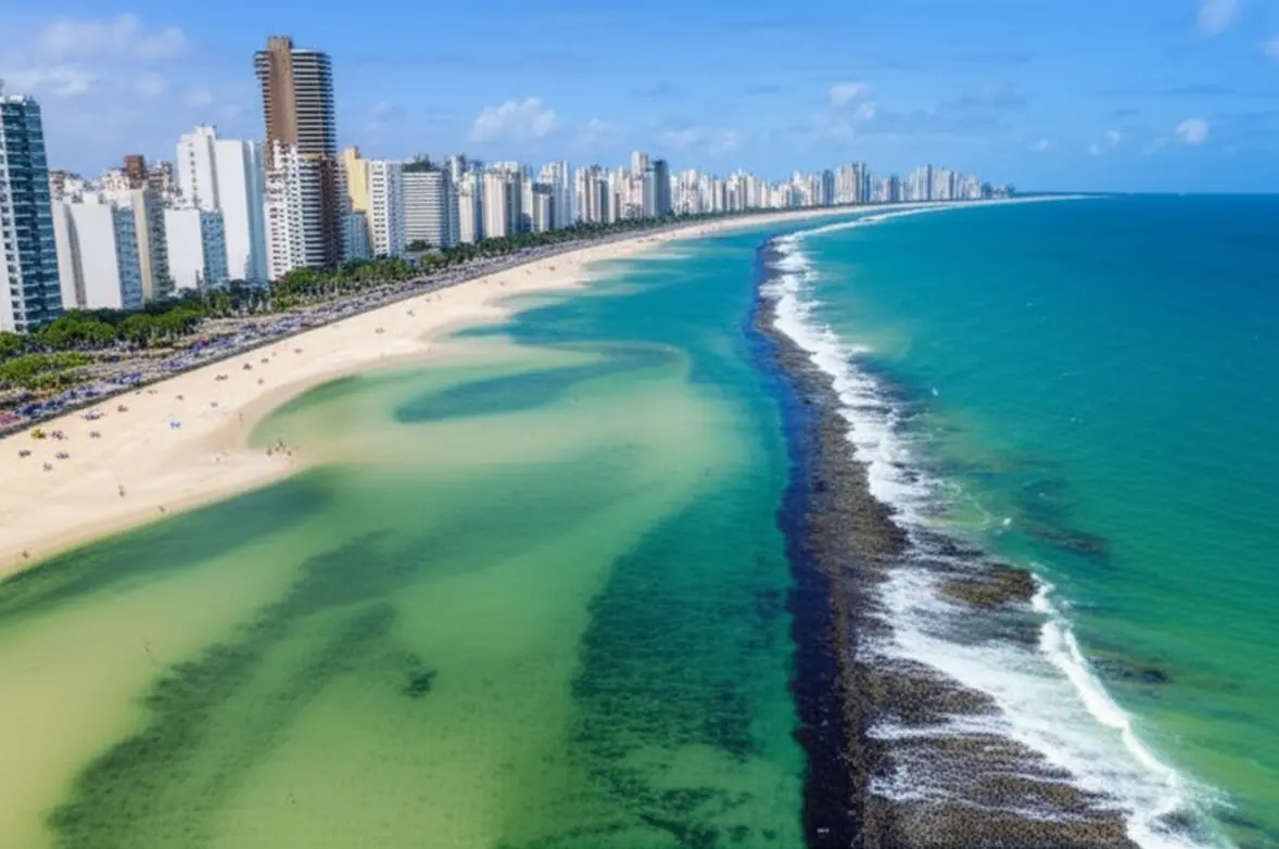 Vista aérea da Praia de Boa Viagem e seus arrecifes.