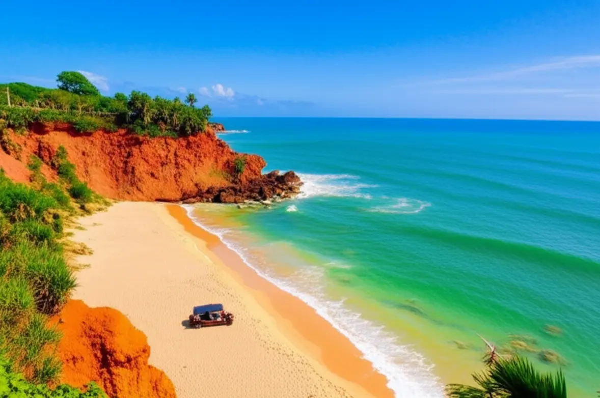 Vista da Praia de Coqueirinho com falésias e buggy no Litoral Sul.