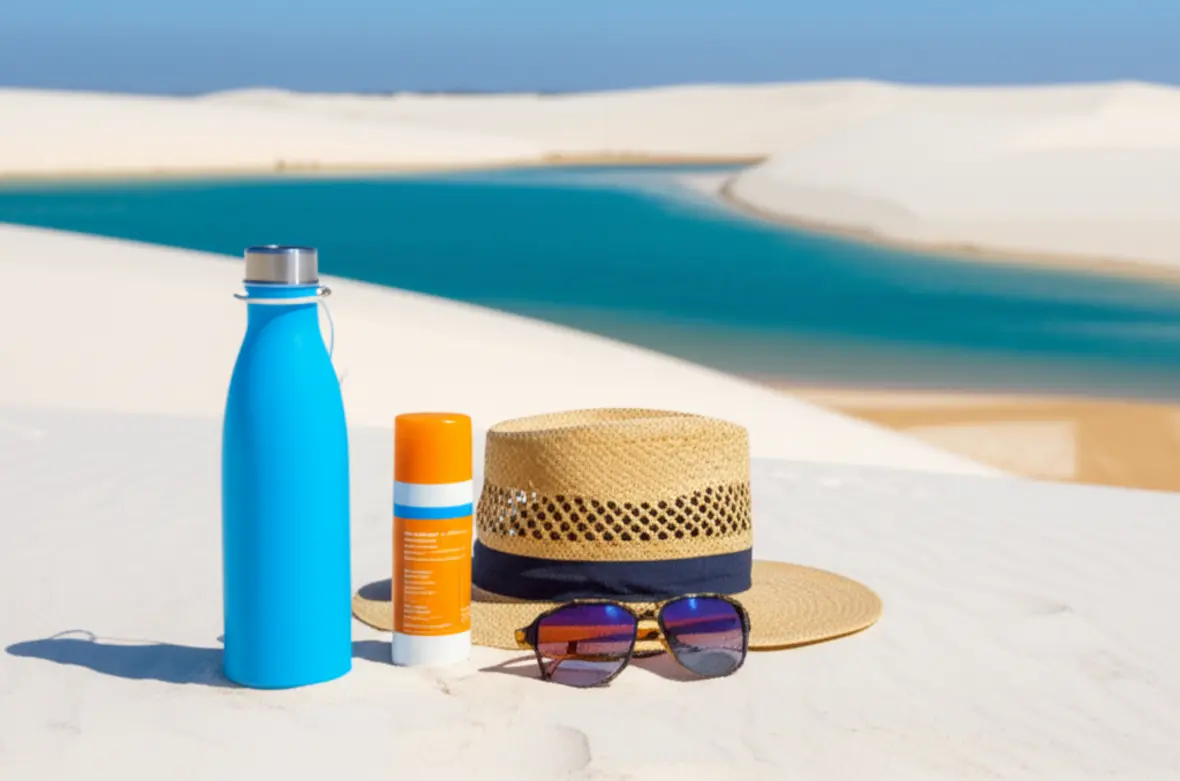 Protetor solar, garrafa de água e chapéu nas dunas brancas dos Lençóis Maranhenses.