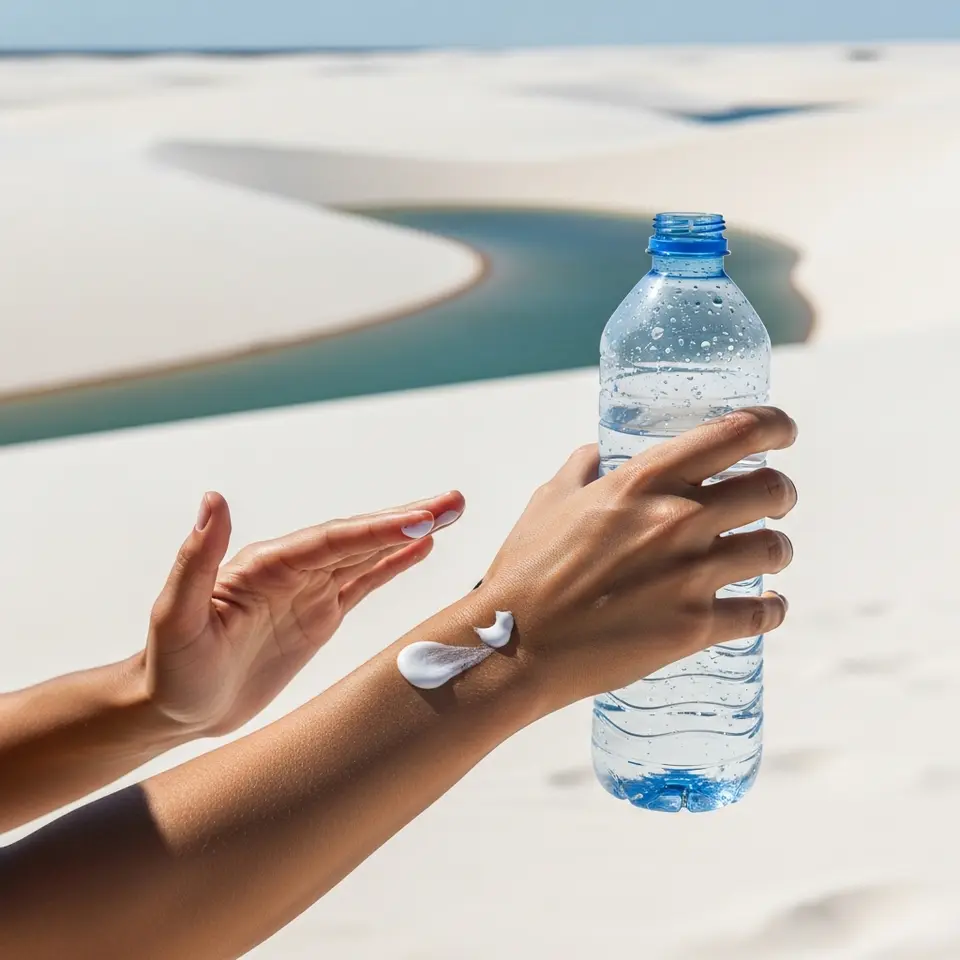 Pessoa aplicando protetor solar nas dunas sob sol forte.