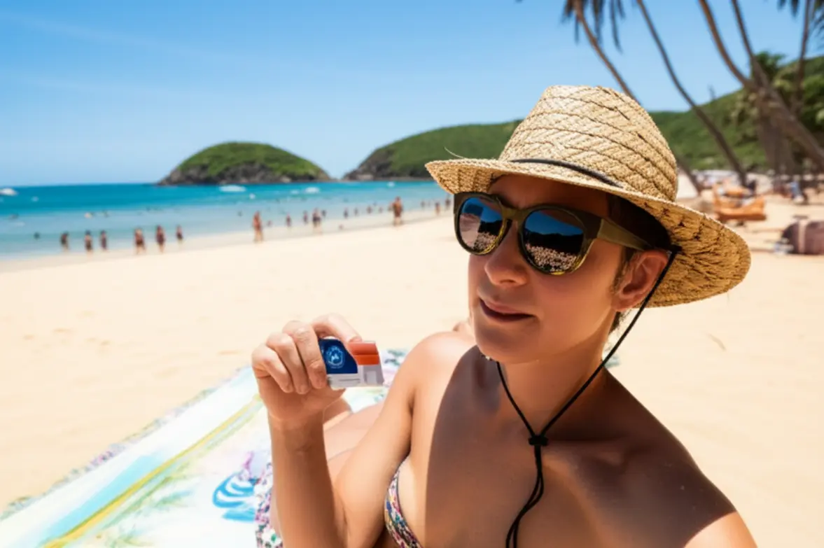 Pessoa usando protetor solar e chapéu em uma praia tranquila de Búzios.