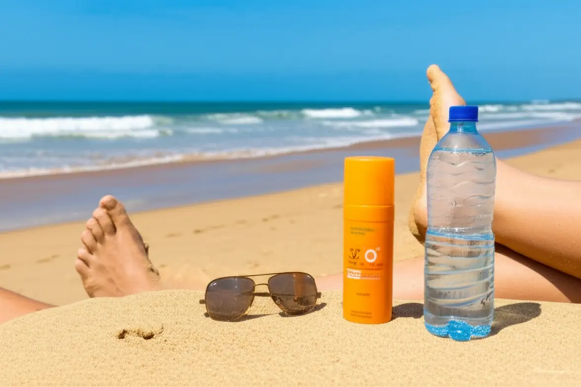 Pés na areia com protetor solar e água, dicas de segurança na praia.