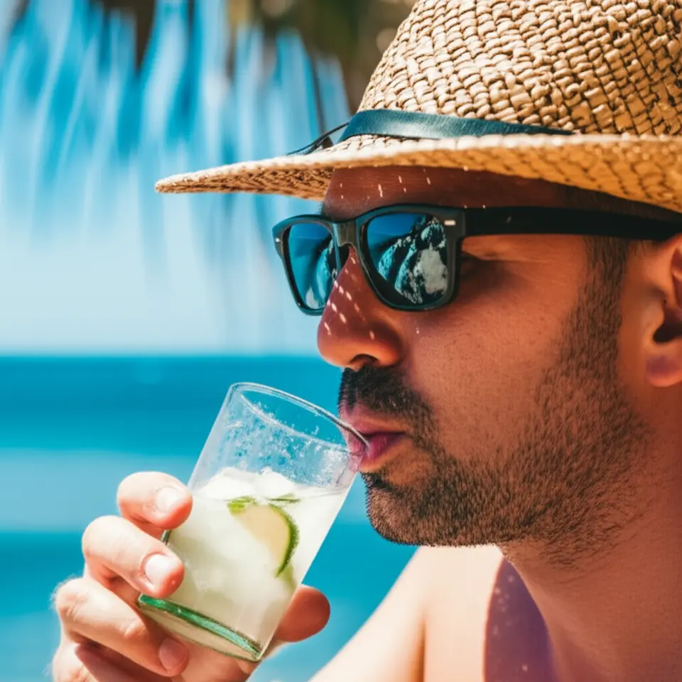 Viajante usando chapéu de palha e óculos de sol na praia de Trancoso, bebendo água.