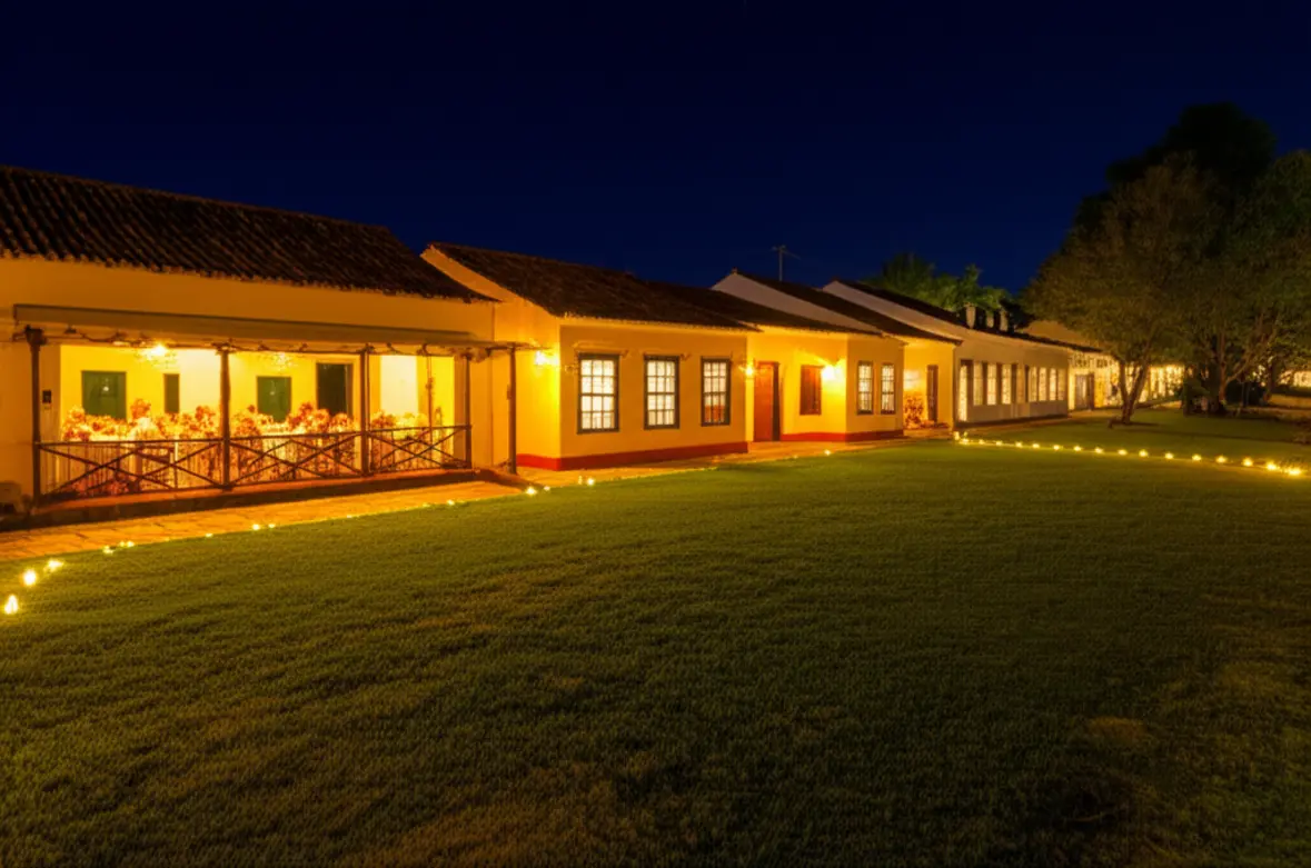 Jantar à luz de velas no Quadrado de Trancoso à noite, atmosfera romântica.