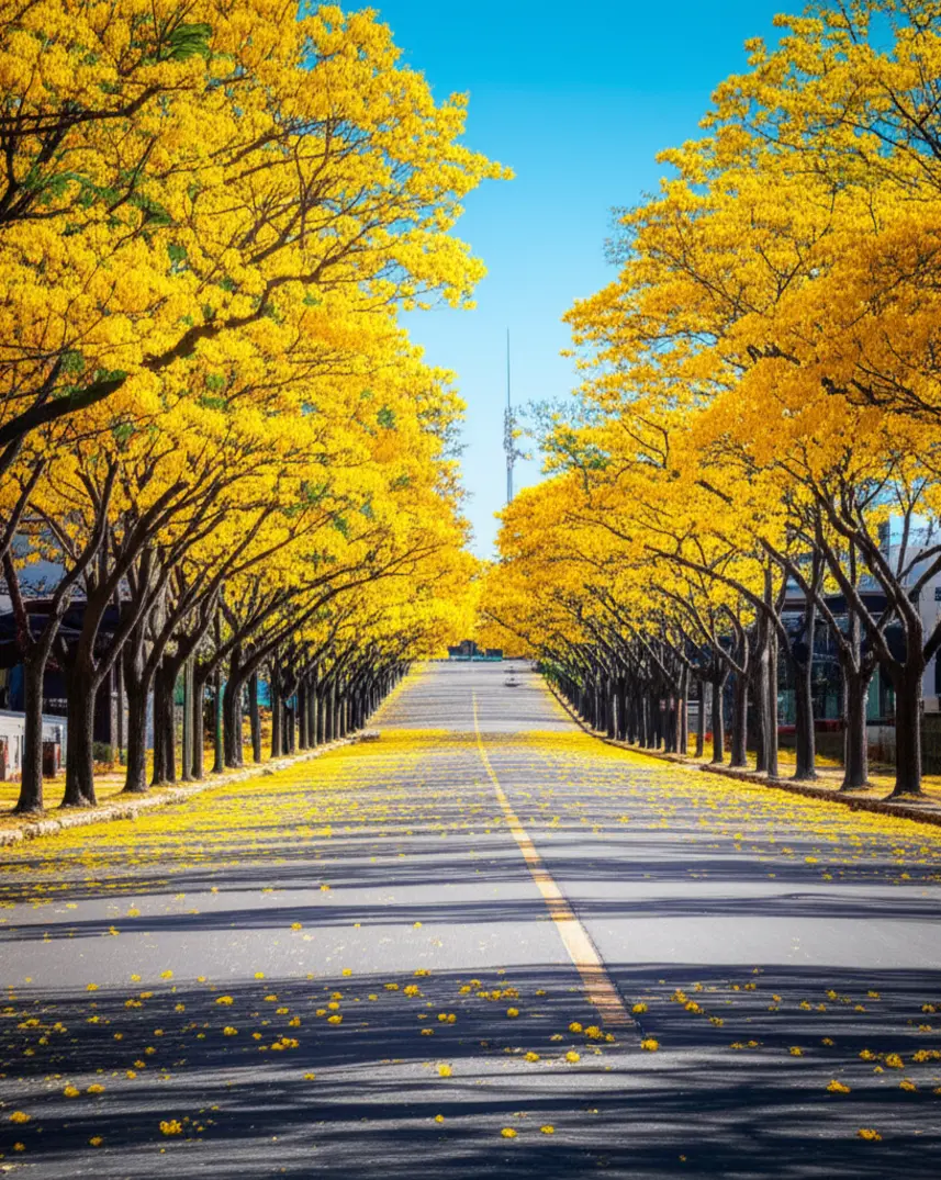 Avenida em Maringá coberta por flores amarelas de ipê durante a primavera.
