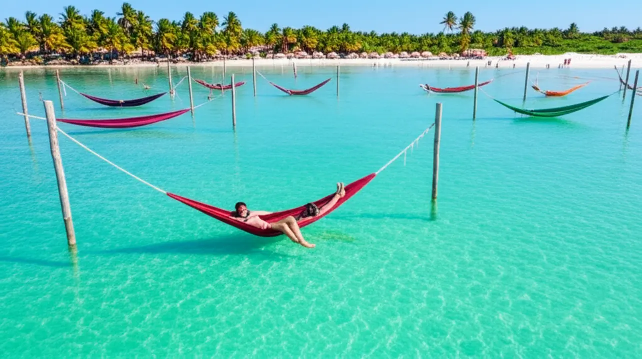 Redes coloridas na água cristalina da Lagoa do Paraíso em Jericoacoara.