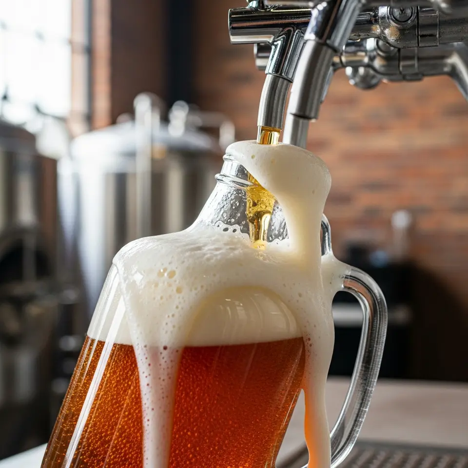 Close-up de um growler sendo enchido com chope em uma cervejaria.