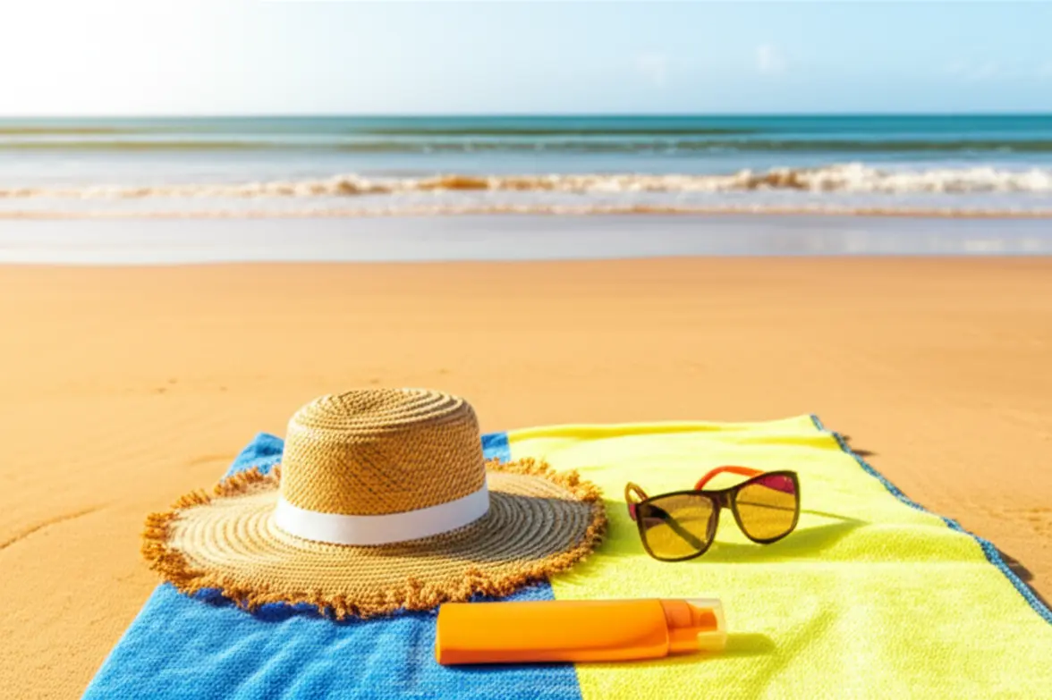 Acessórios de praia para proteção solar (chapéu, óculos) em uma praia deserta de Japaratinga.