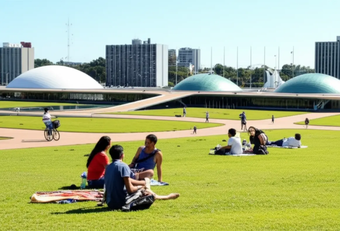 Piquenique em um gramado vasto de Brasília com arquitetura modernista ao fundo.