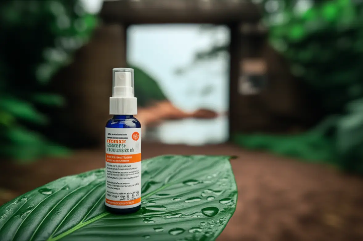 Garrafa de repelente em folha verde em ambiente de trilha na floresta.