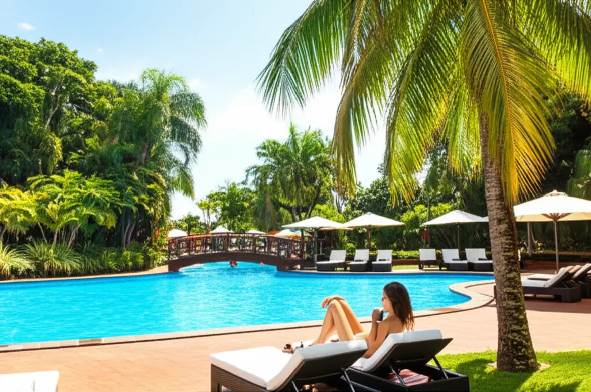 Piscina de resort em Foz do Iguaçu rodeada por vegetação tropical.