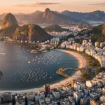 Vista panorâmica do Rio de Janeiro ao pôr do sol com Cristo Redentor e Pão de Açúcar.