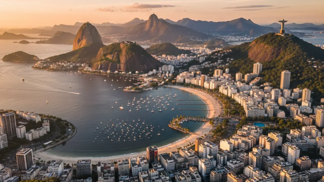 Vista panorâmica do Rio de Janeiro ao pôr do sol com Cristo Redentor e Pão de Açúcar.