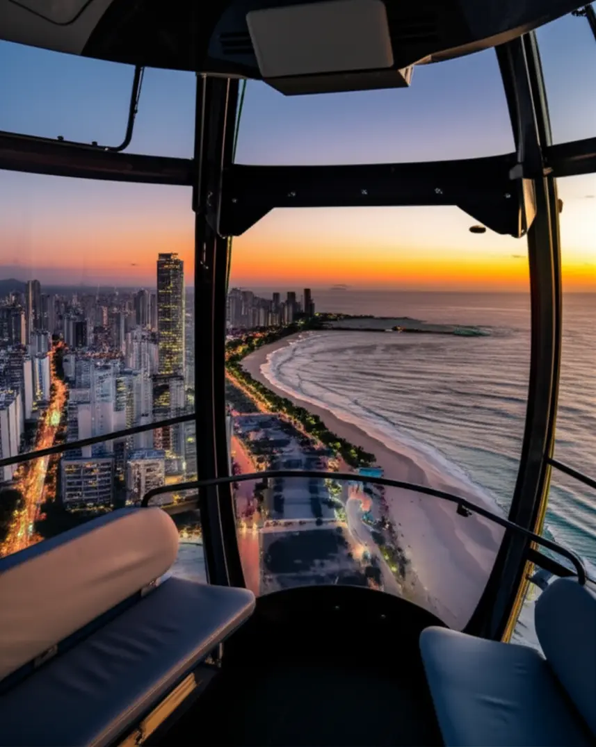 Vista do skyline de BC da roda-gigante FG Big Wheel ao entardecer.