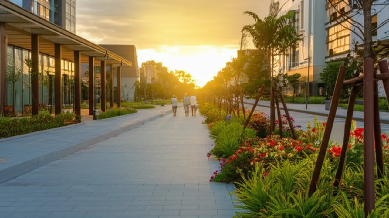 Caminhada ao entardecer no moderno bairro Eurogarden em Maringá.