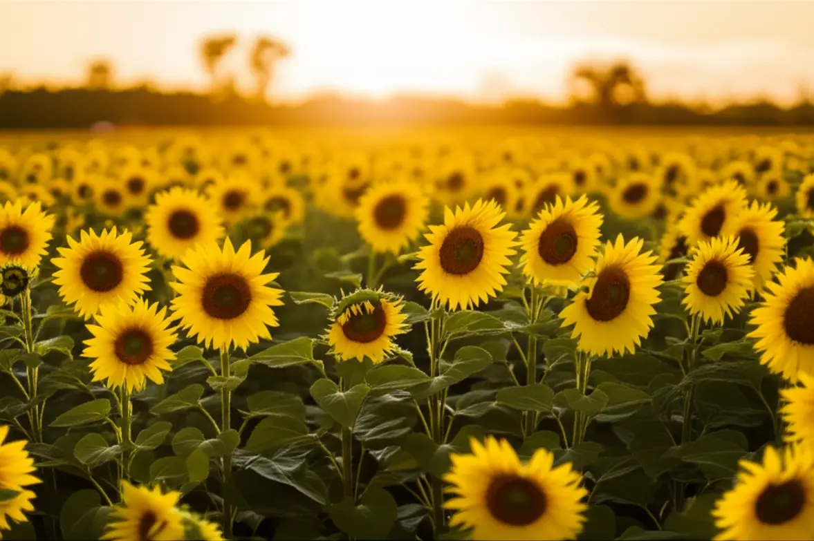 Campo infinito de girassóis em Holambra durante o pôr do sol.
