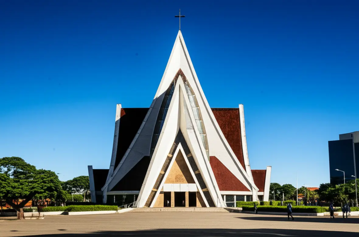 A moderna arquitetura da Catedral Metropolitana de Londrina sob um céu limpo.
