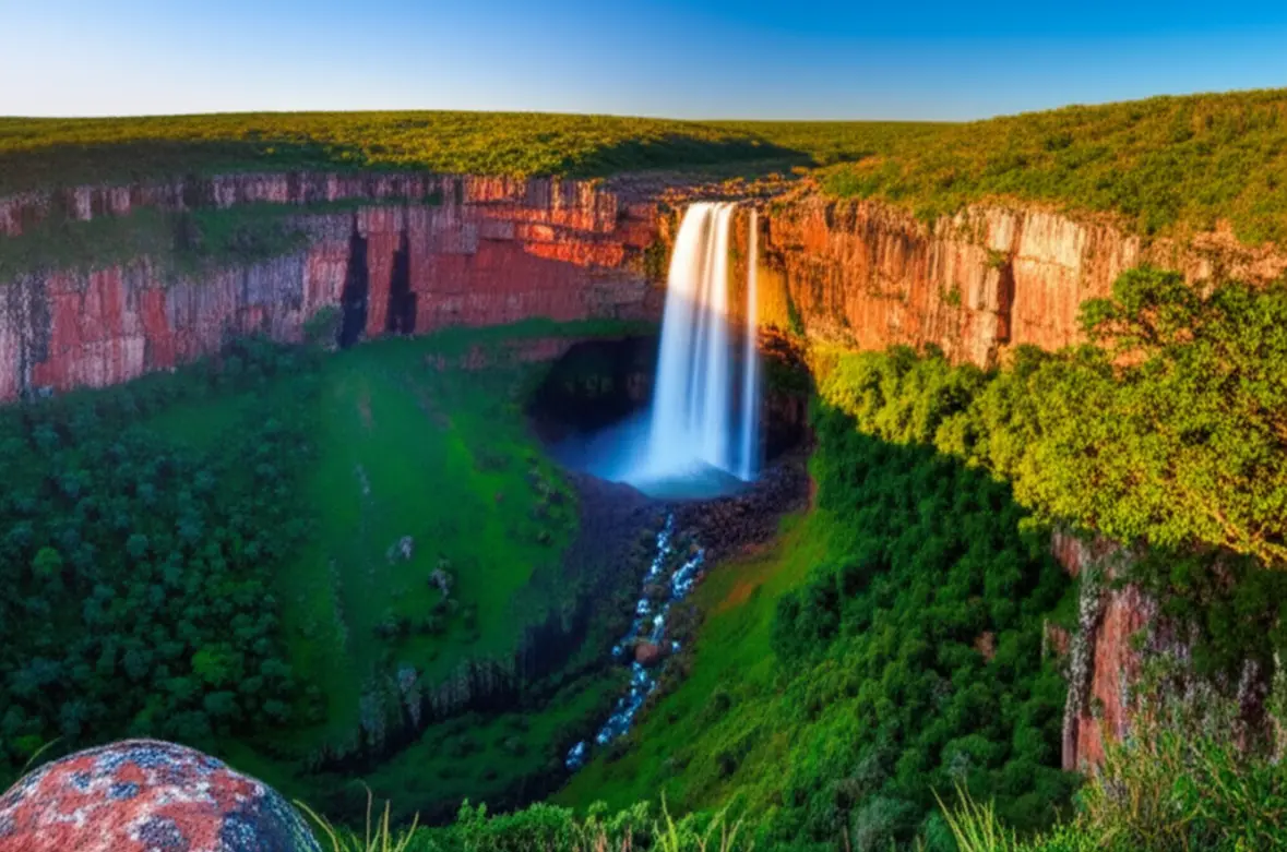 A impressionante cachoeira Véu de Noiva cercada por altos paredões de arenito na Chapada dos Guimarães.