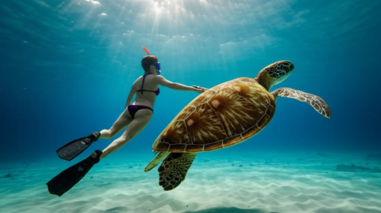 Mergulho com snorkel e tartaruga marinha em Noronha.