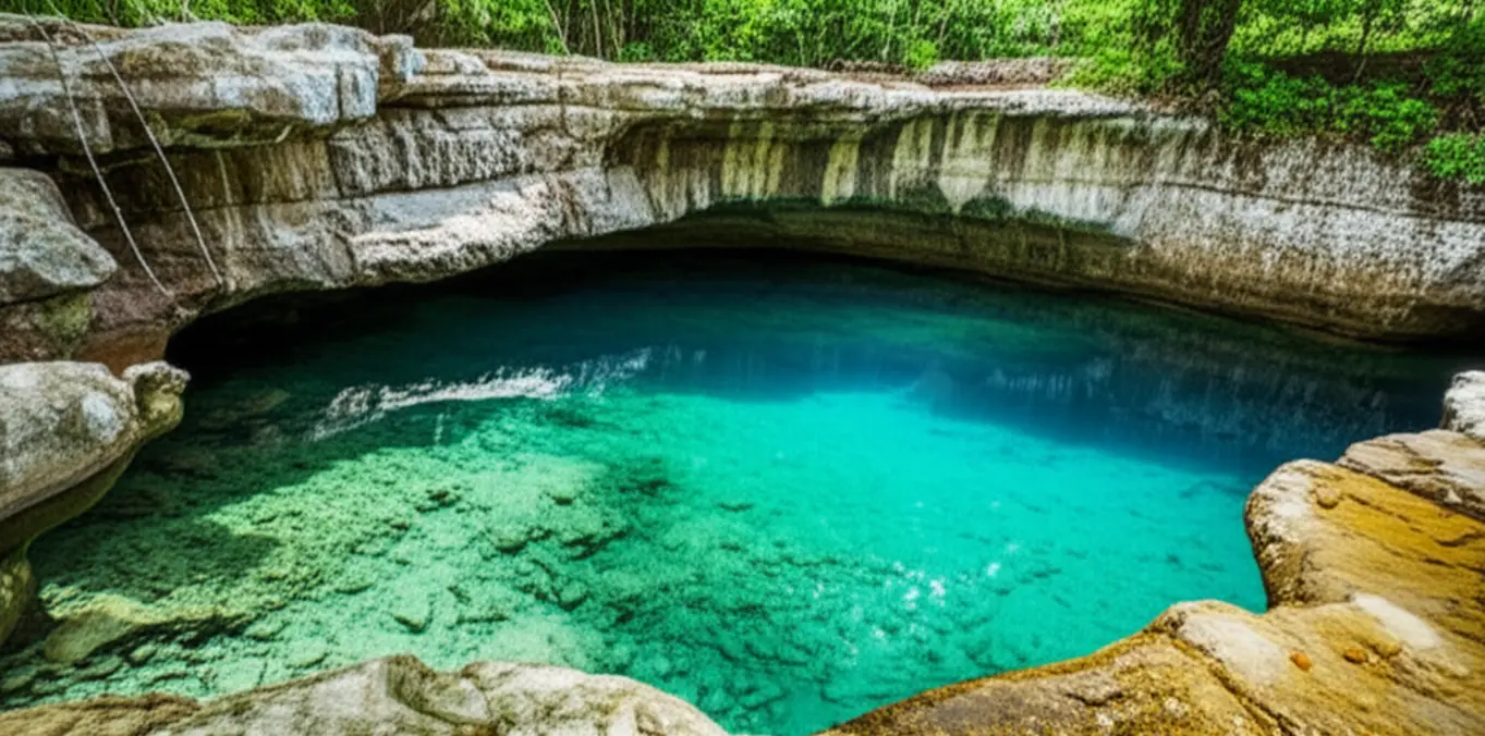 Pessoas mergulhando nas águas azul-turquesa do Poço Azul em Riachão.