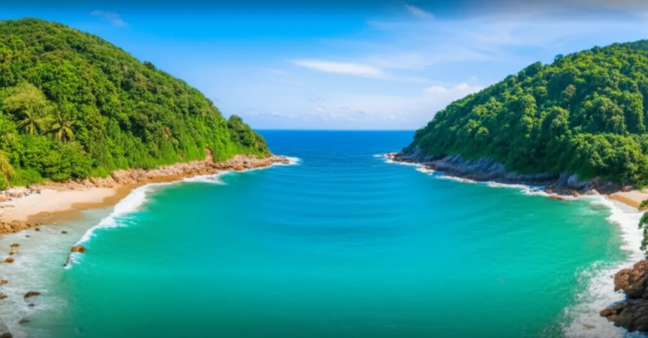 Vista panorâmica da Praia de Calhetas com mar dos dois lados da península.